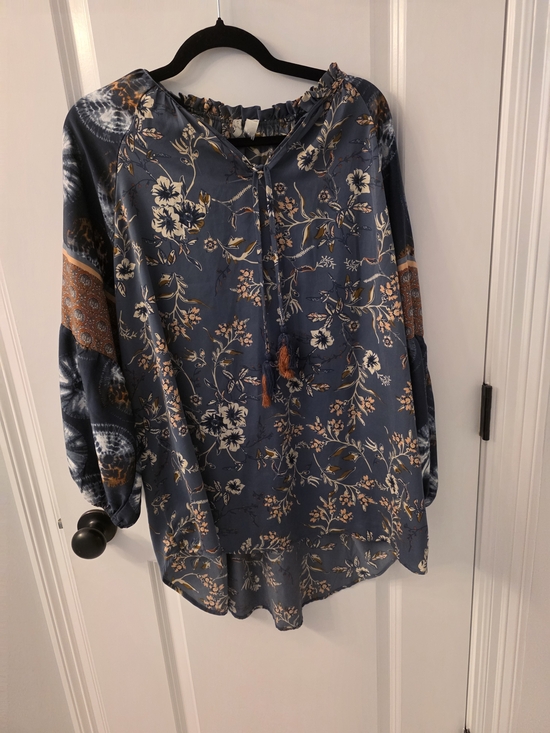 Tops - Womens Blue Floral Peasant Blouse with Tassel Tie